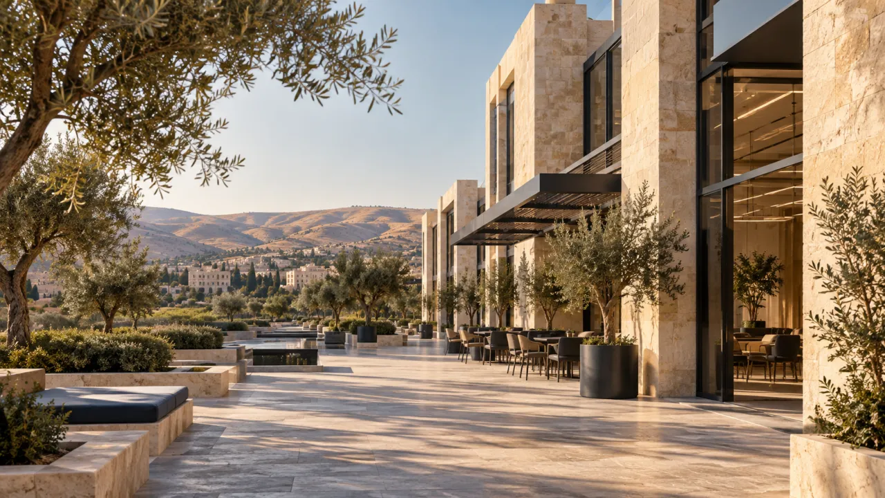 Illustrative contemporary commercial architecture in a Levantine setting.