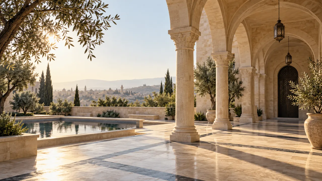Illustrative limestone courtyard with arches and olive foliage.